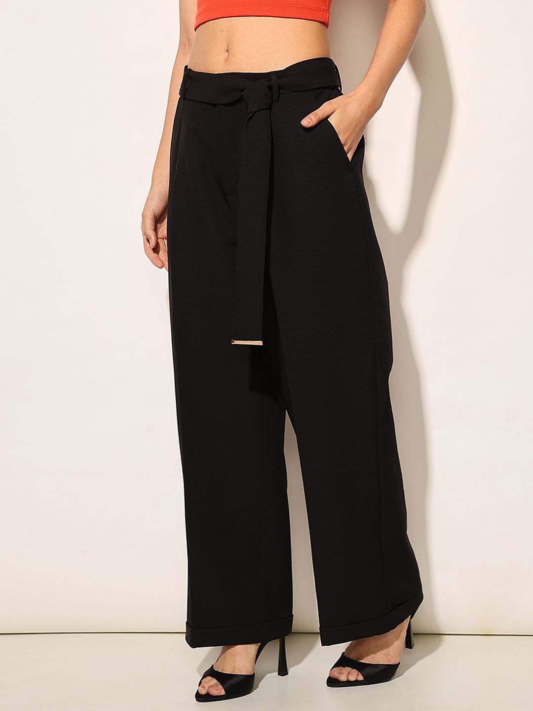 Black High Rise Belted Loose Fit Pants