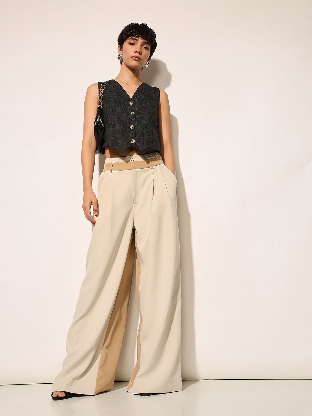 Beige High Rise Flared Pants