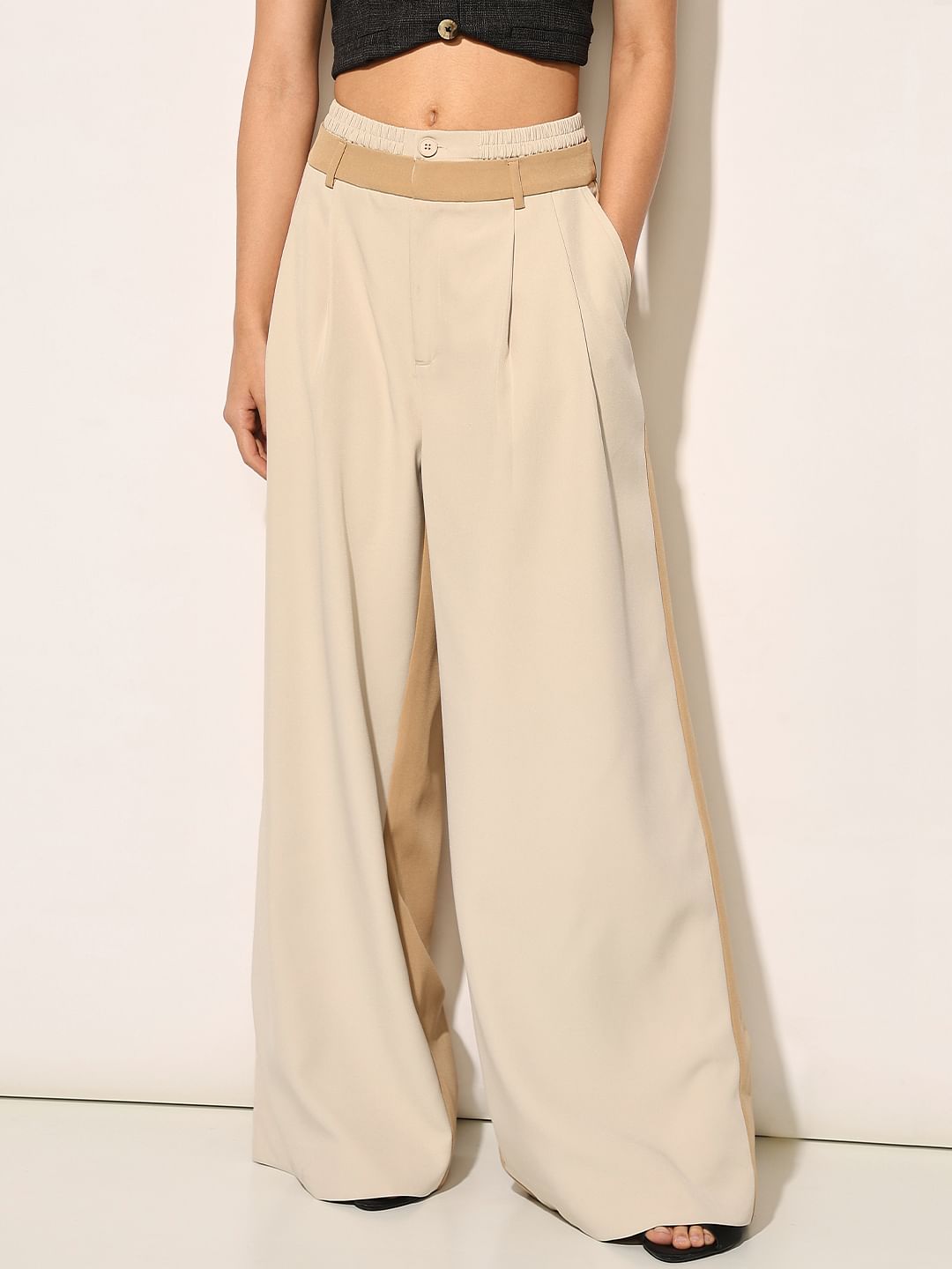 Beige High Rise Flared Pants