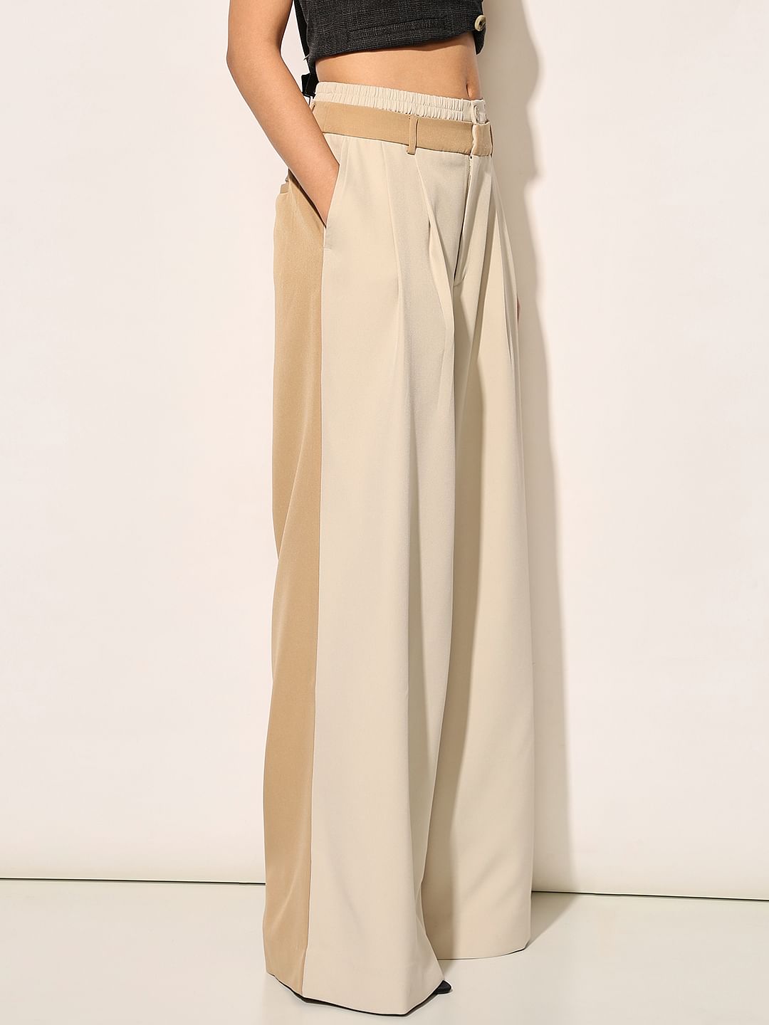 Beige High Rise Flared Pants