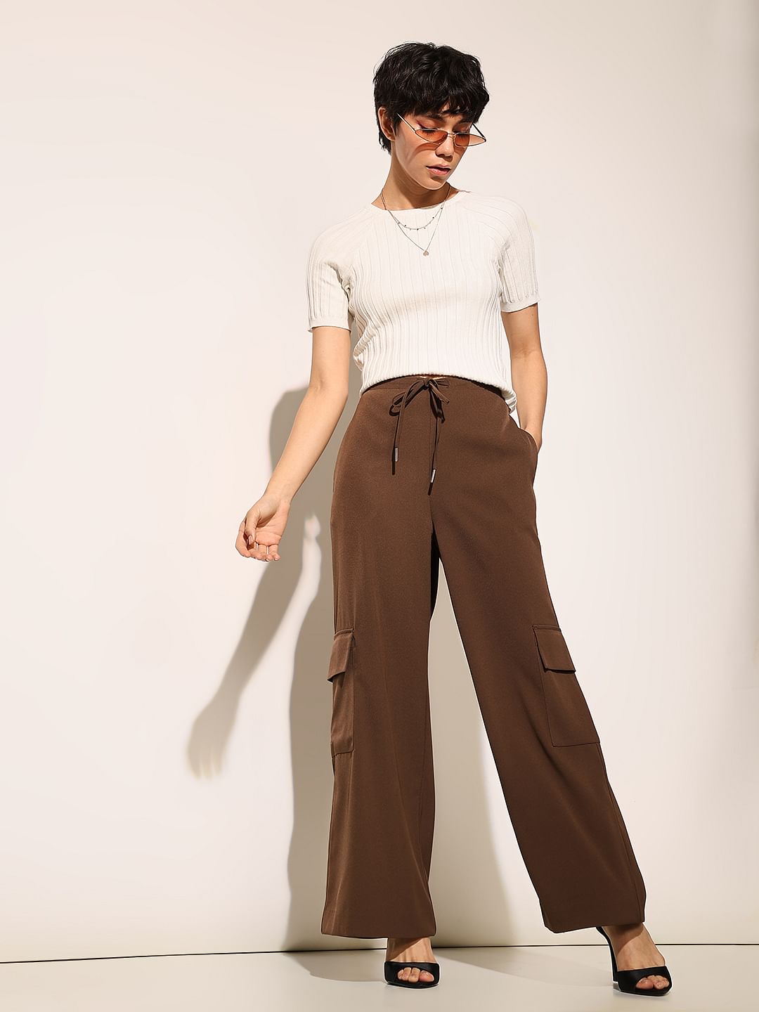 Brown Cargo Flared Pants