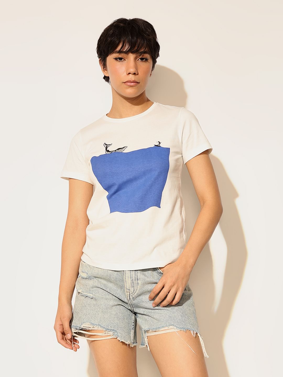 White Graphic Print Cotton T-Shirt
