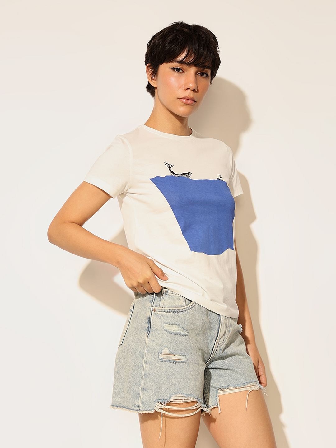 White Graphic Print Cotton T-Shirt