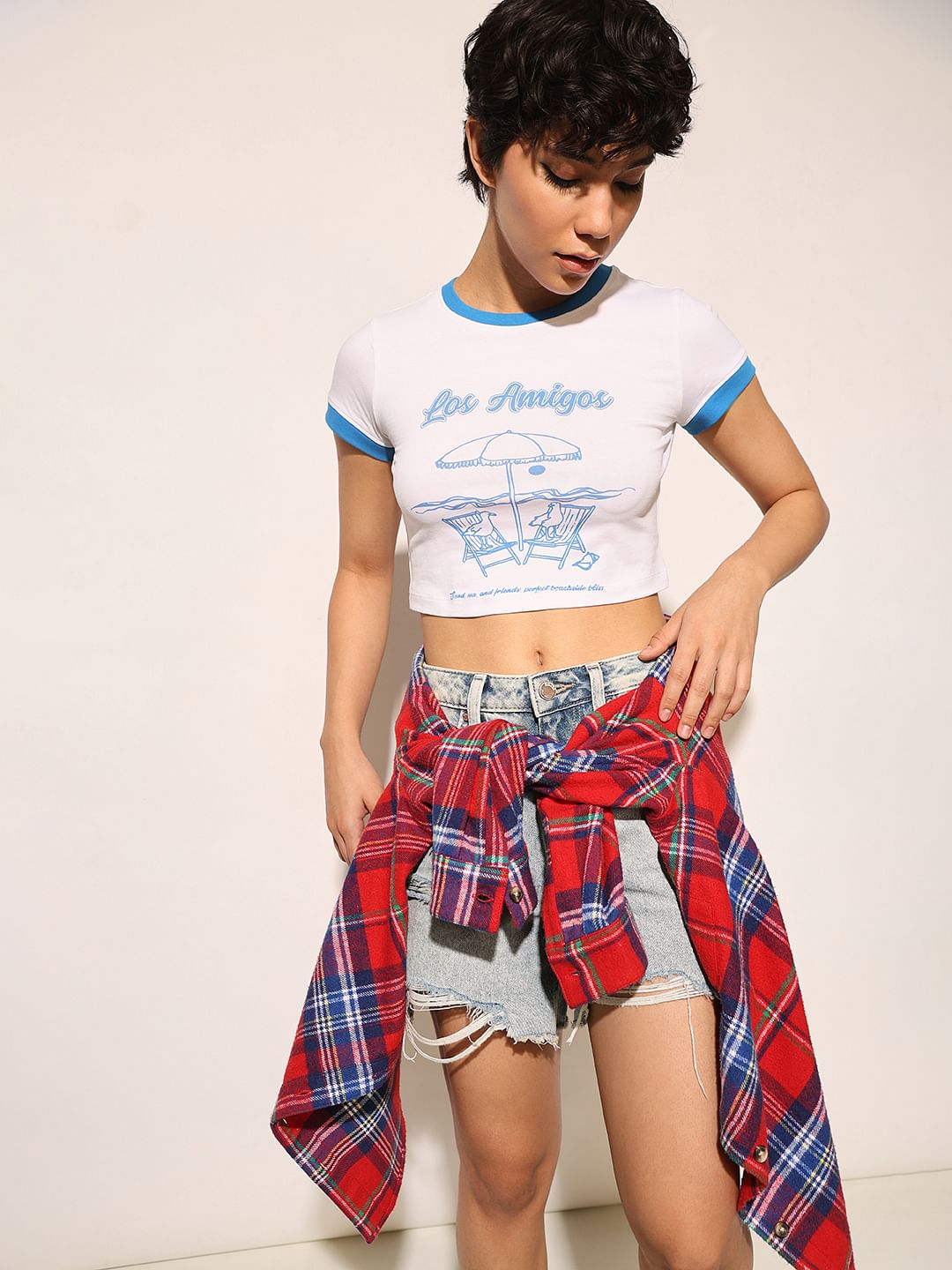 White Printed Cropped T-Shirt