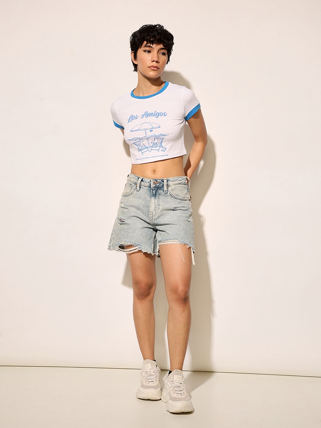 White Printed Cropped T-Shirt