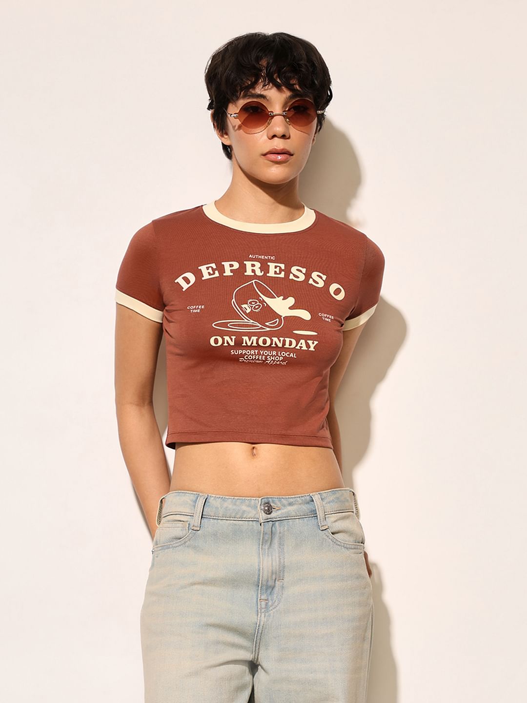 Brown Printed Cropped T-Shirt