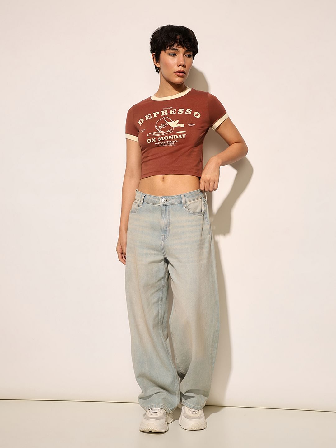 Brown Printed Cropped T-Shirt