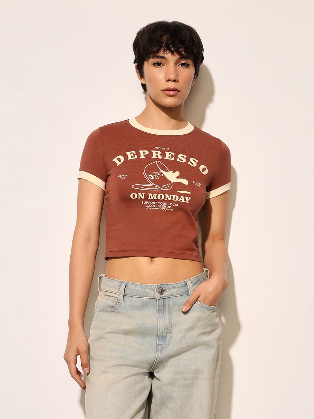 Brown Printed Cropped T-Shirt