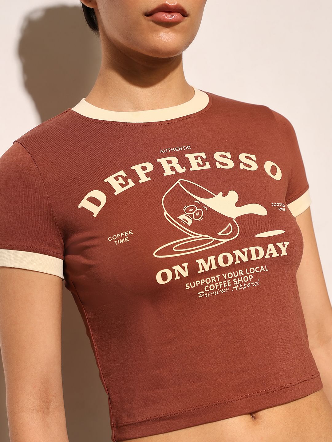 Brown Printed Cropped T-Shirt