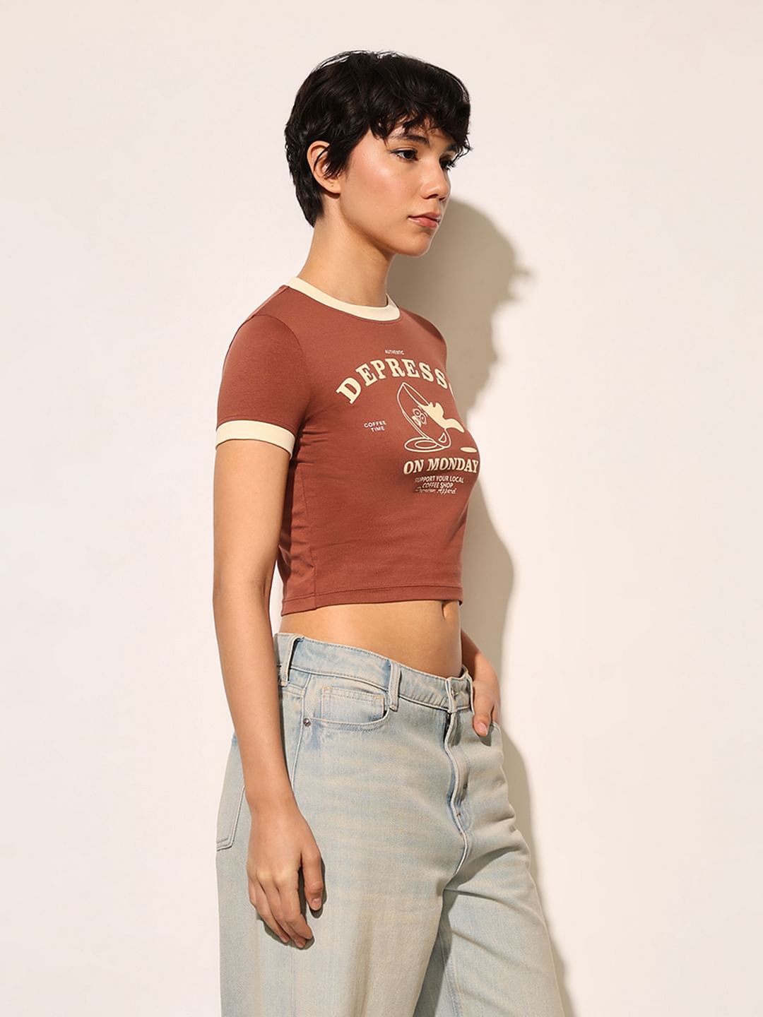 Brown Printed Cropped T-Shirt