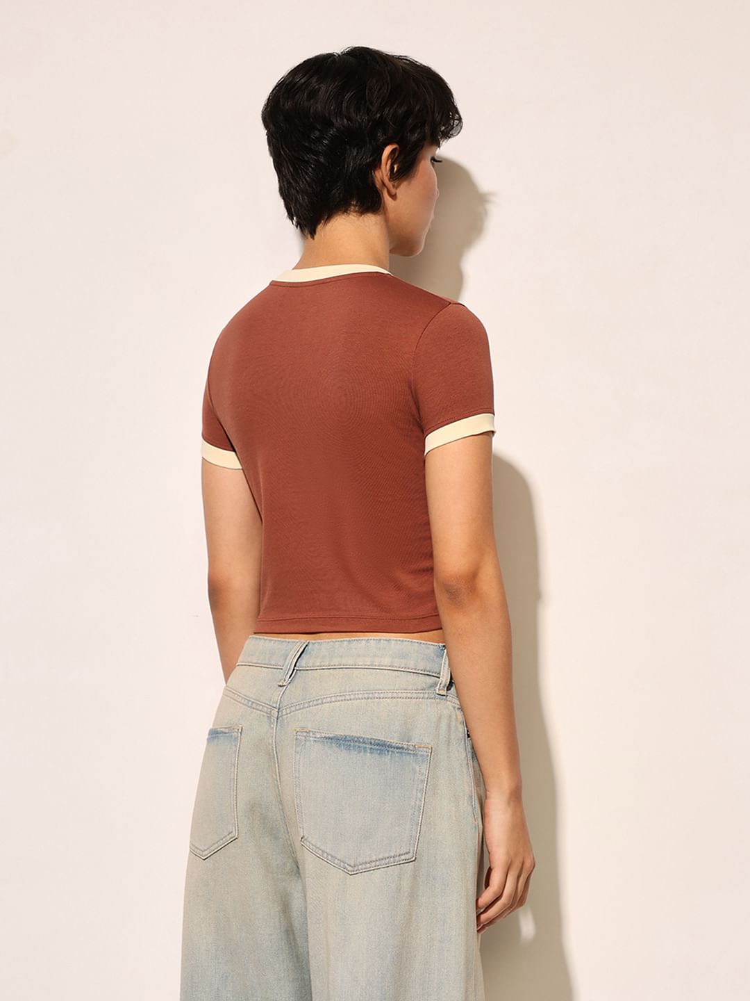 Brown Printed Cropped T-Shirt