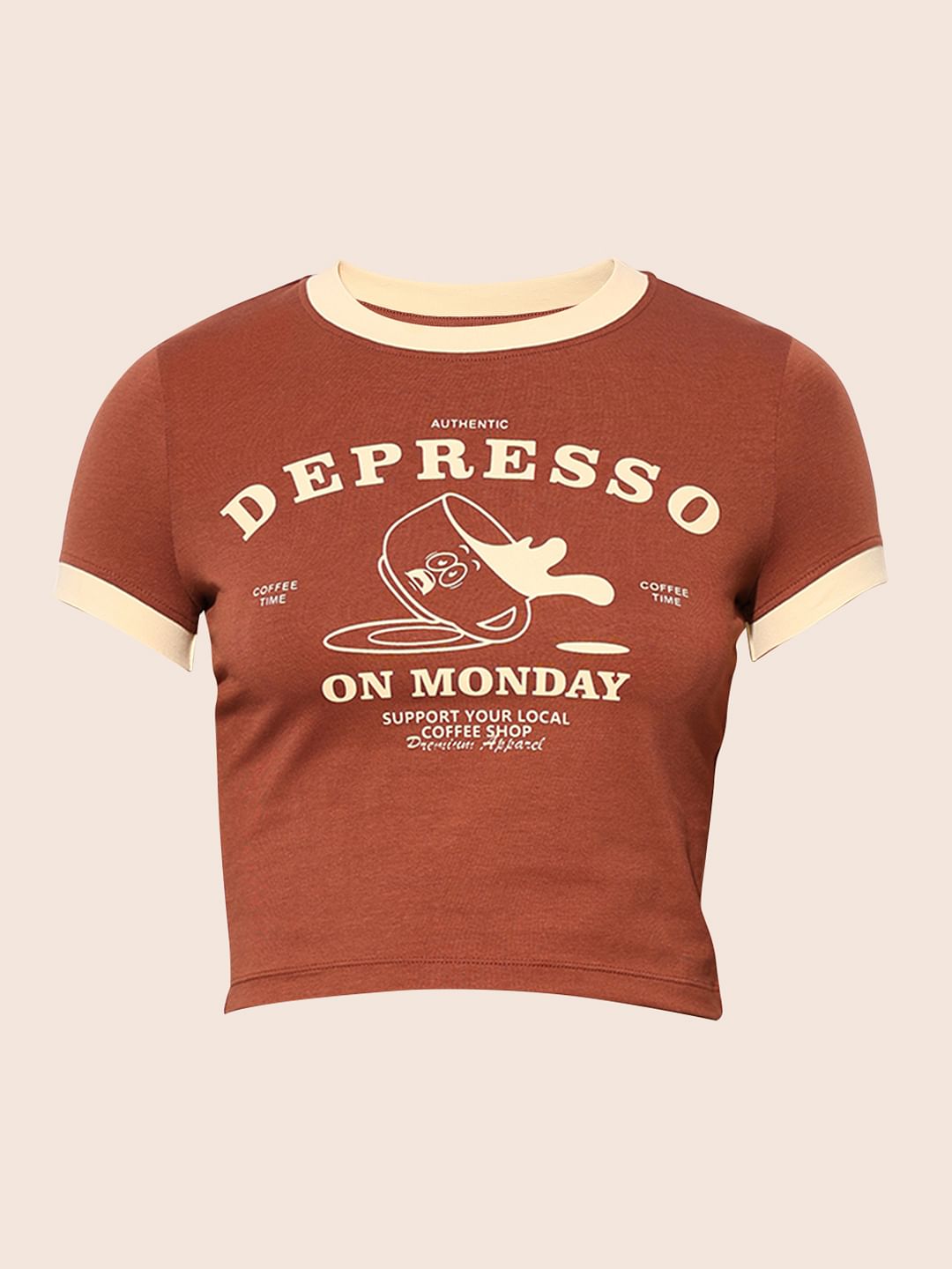 Brown Printed Cropped T-Shirt