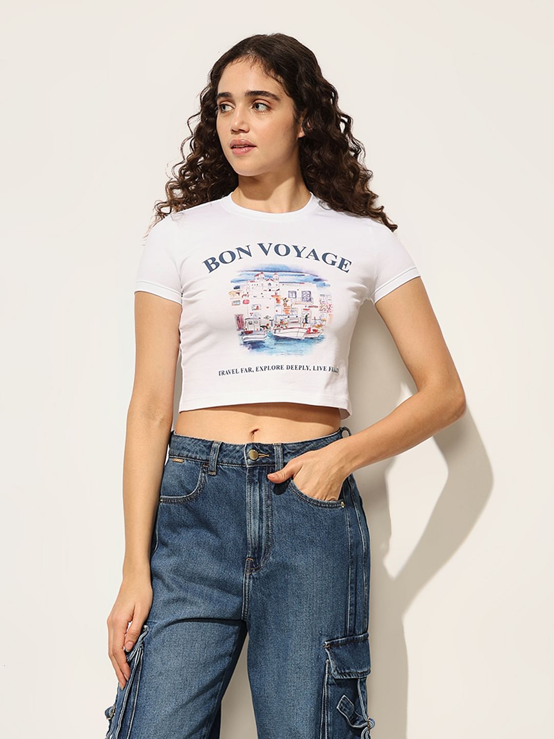 White Printed Crop T-Shirt