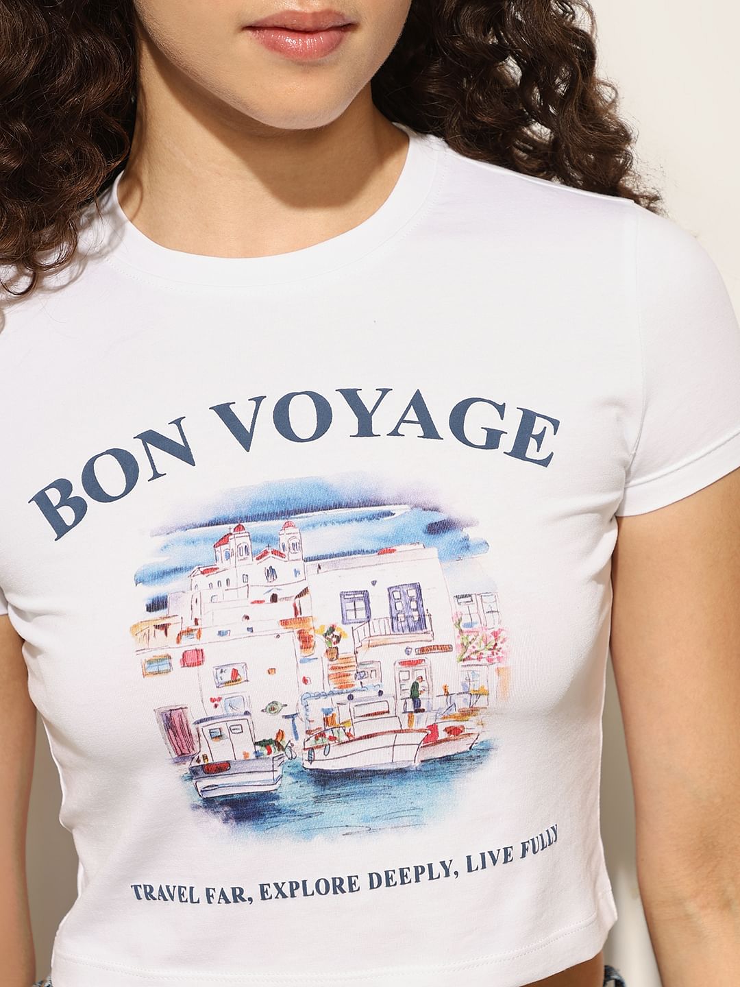 White Printed Crop T-Shirt