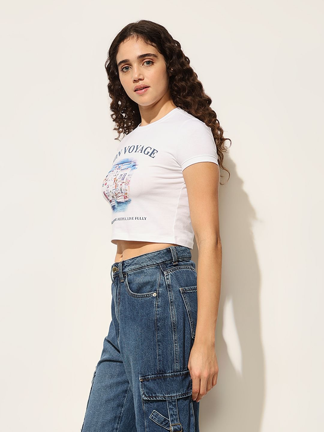 White Printed Crop T-Shirt