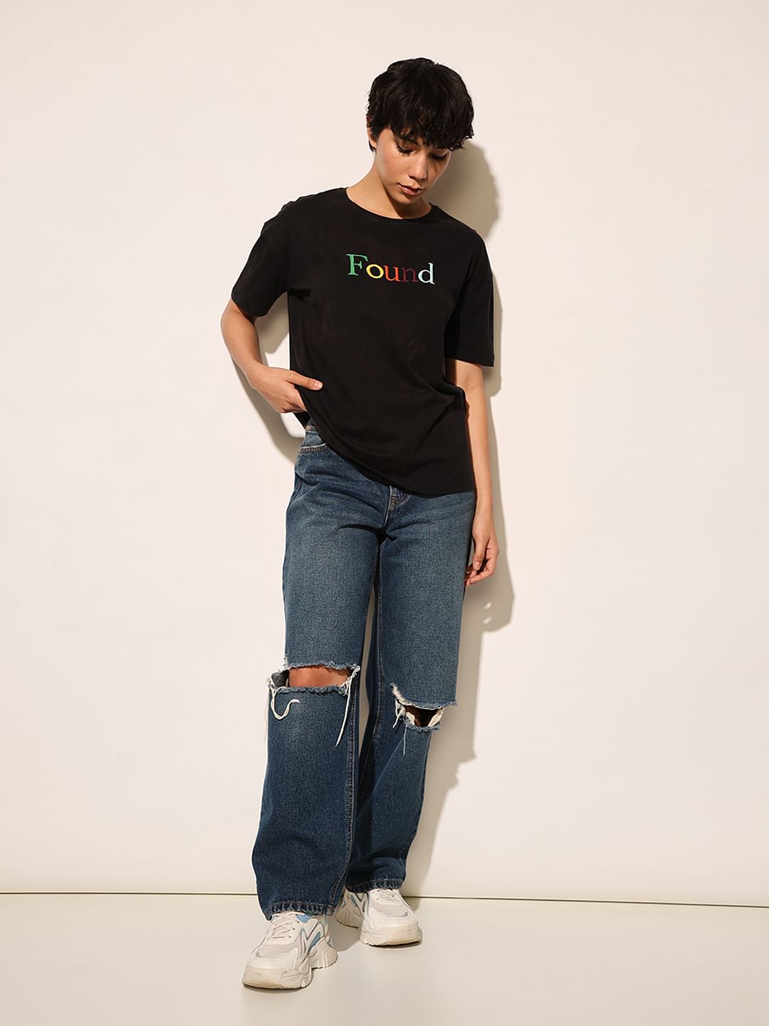 Black Embroidered Text T-Shirt