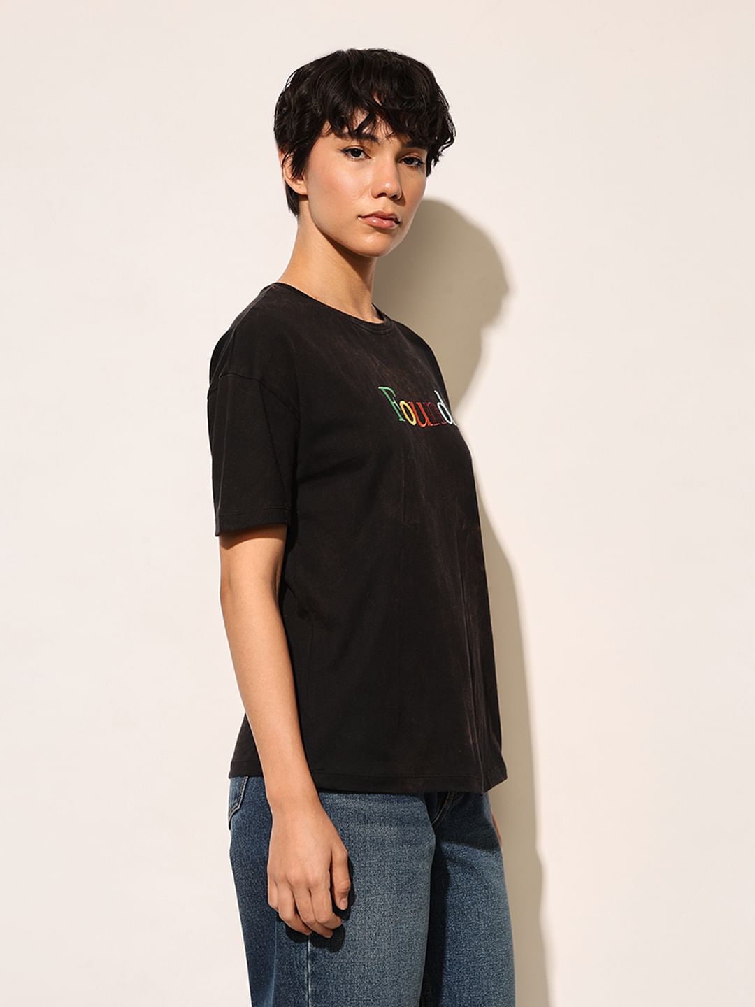 Black Embroidered Text T-Shirt