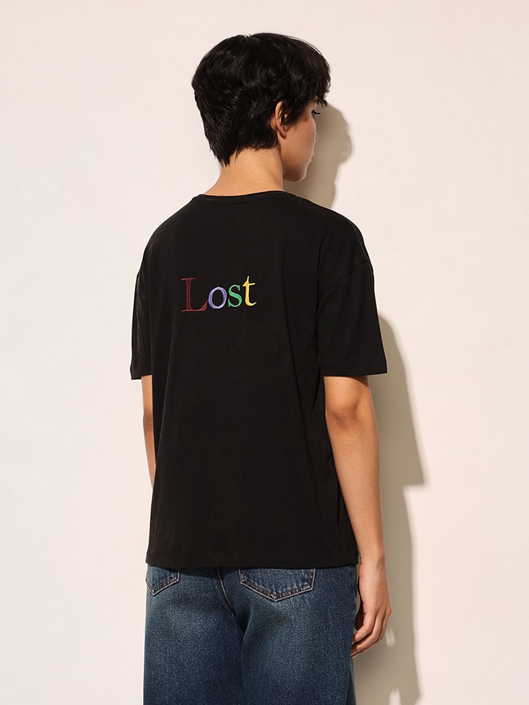 Black Embroidered Text T-Shirt