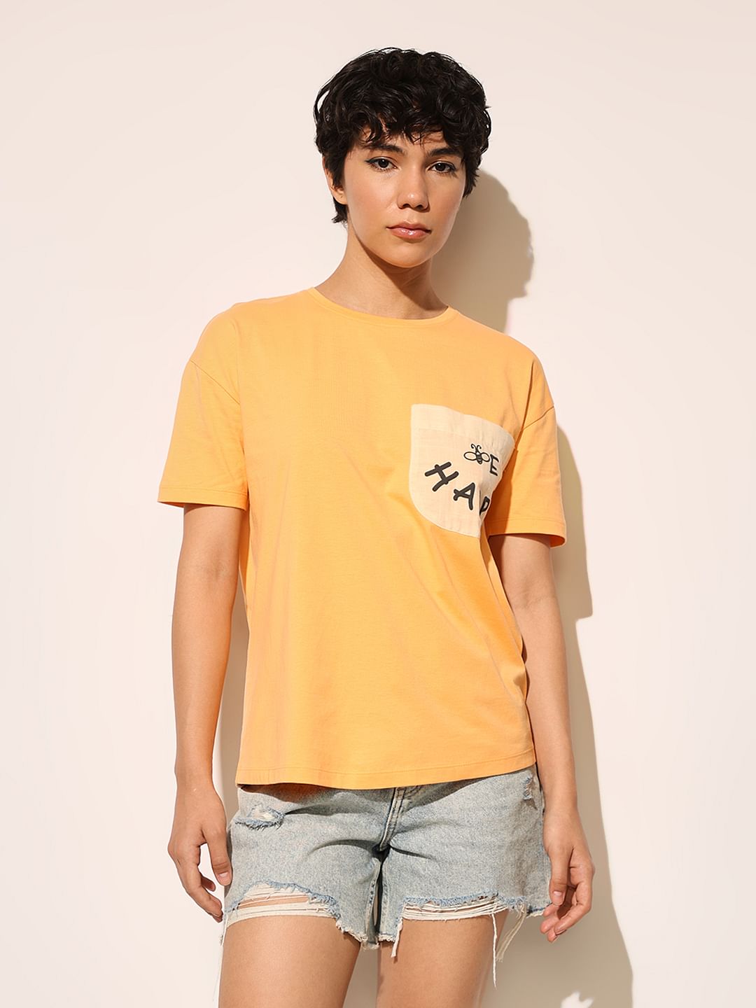 Orange Printed Cotton T-Shirt