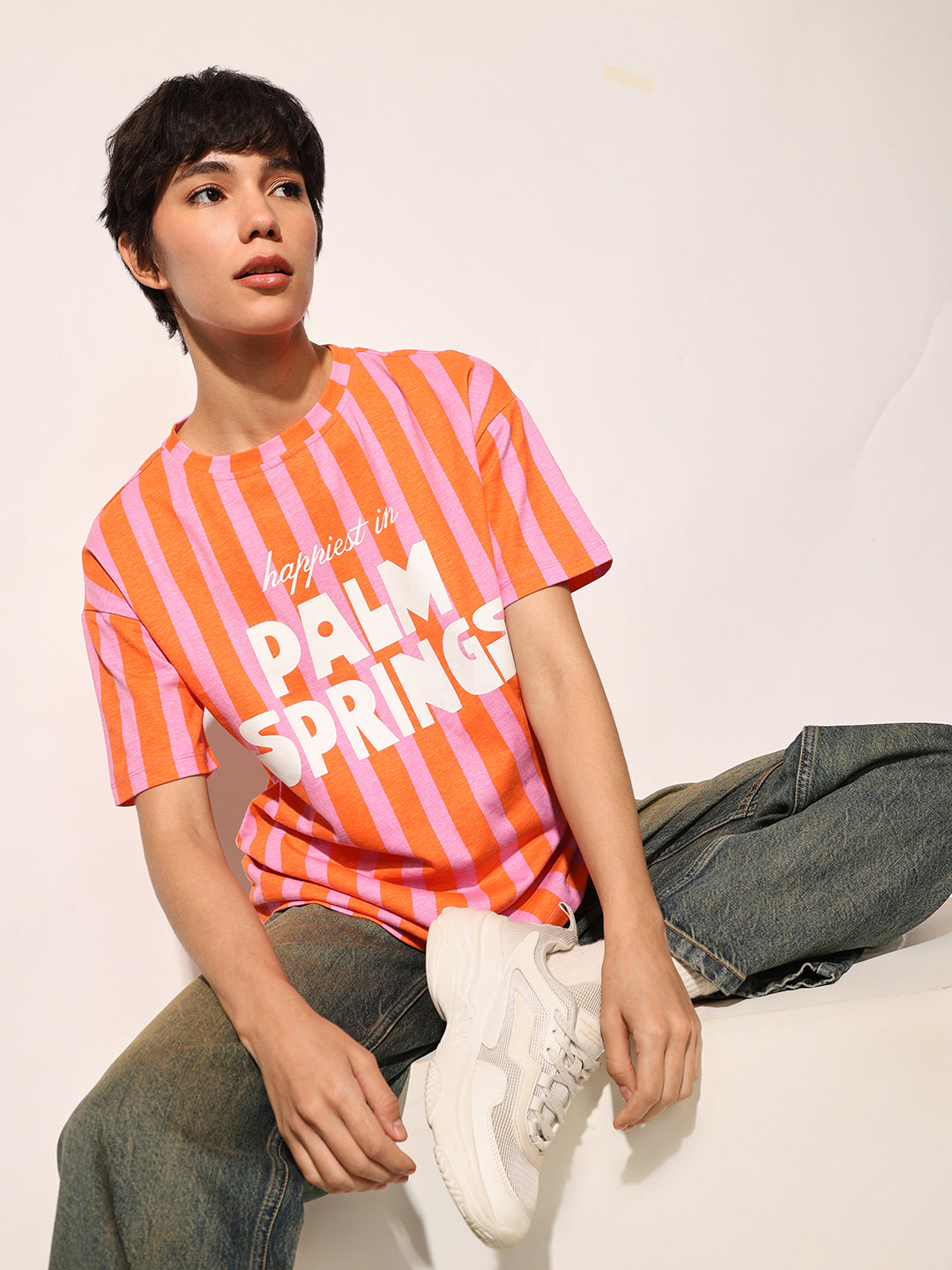 Orange Colourblocked Cotton T-shirt