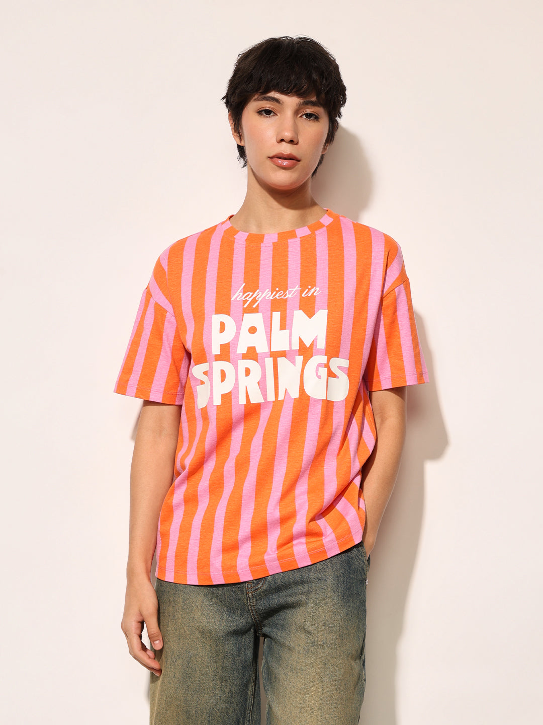 Orange Colourblocked Cotton T-shirt