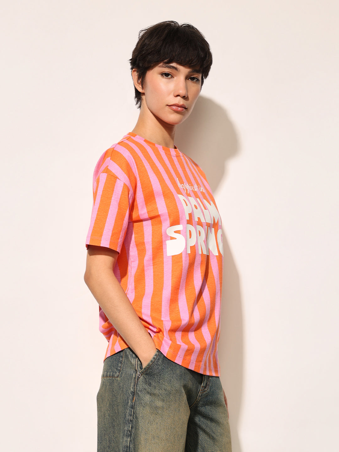 Orange Colourblocked Cotton T-shirt