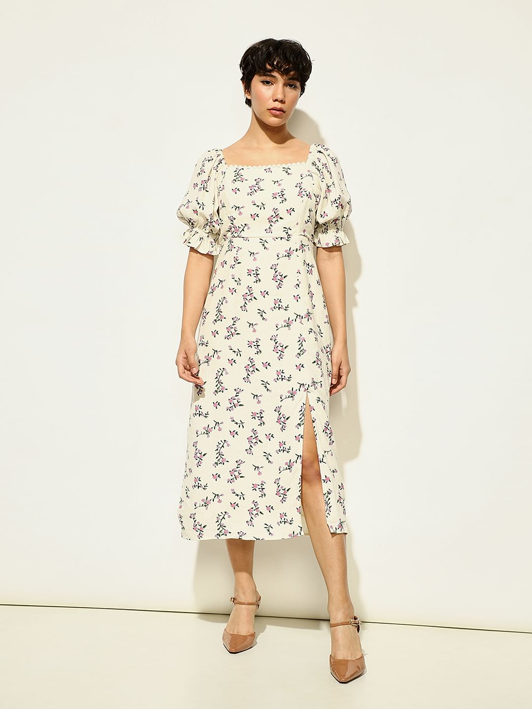 White Floral Midi Dress