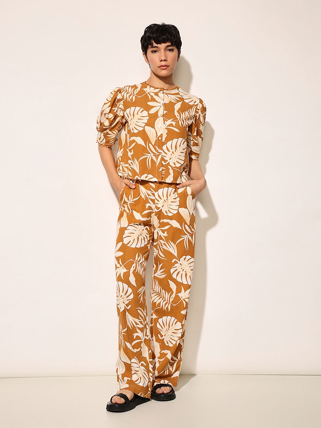 Brown Tropical Print Crop Top