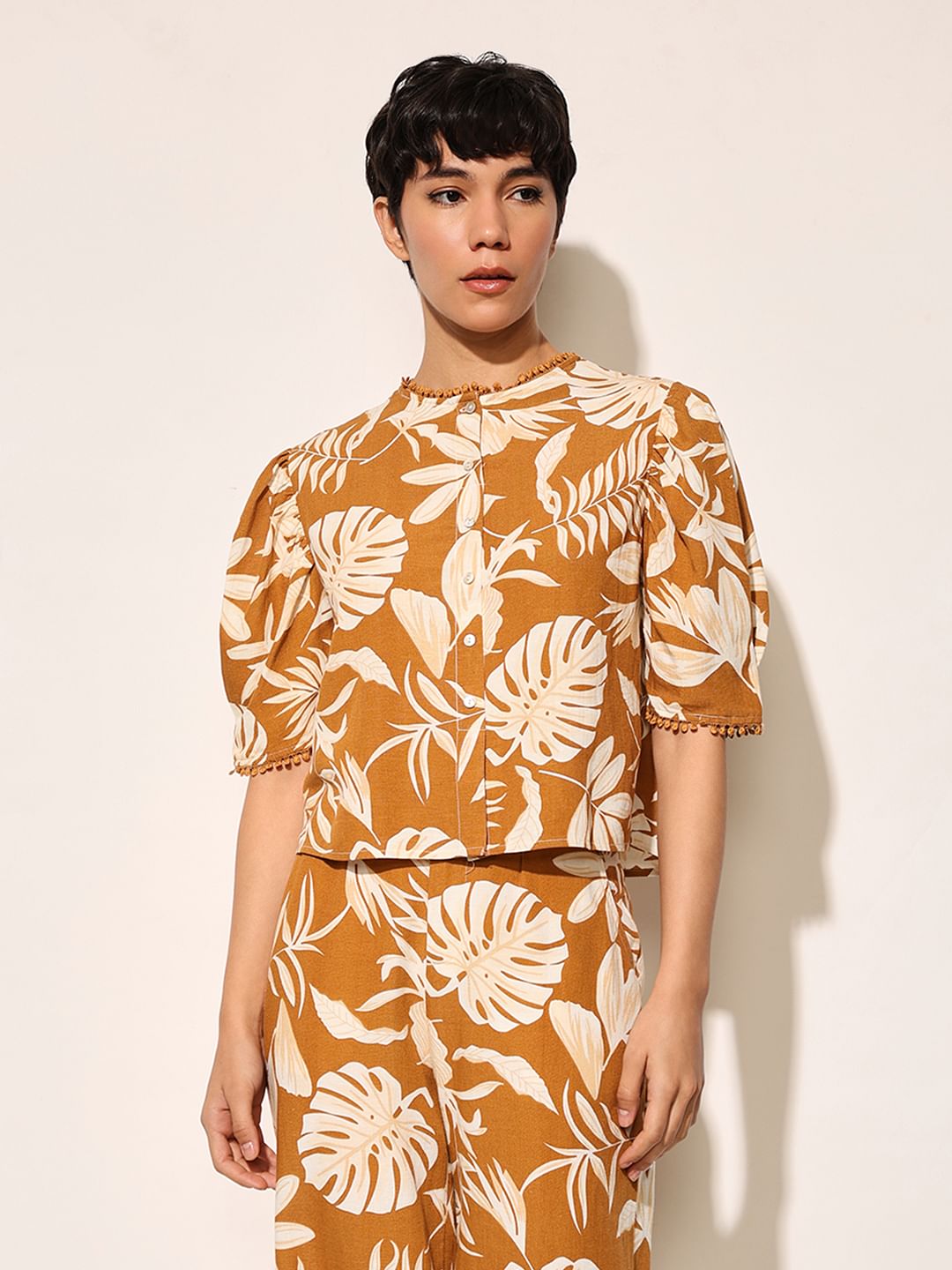 Brown Tropical Print Crop Top