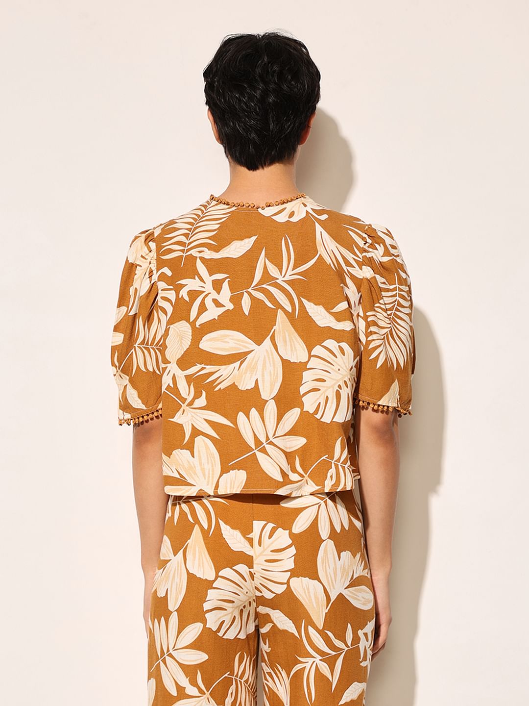 Brown Tropical Print Crop Top