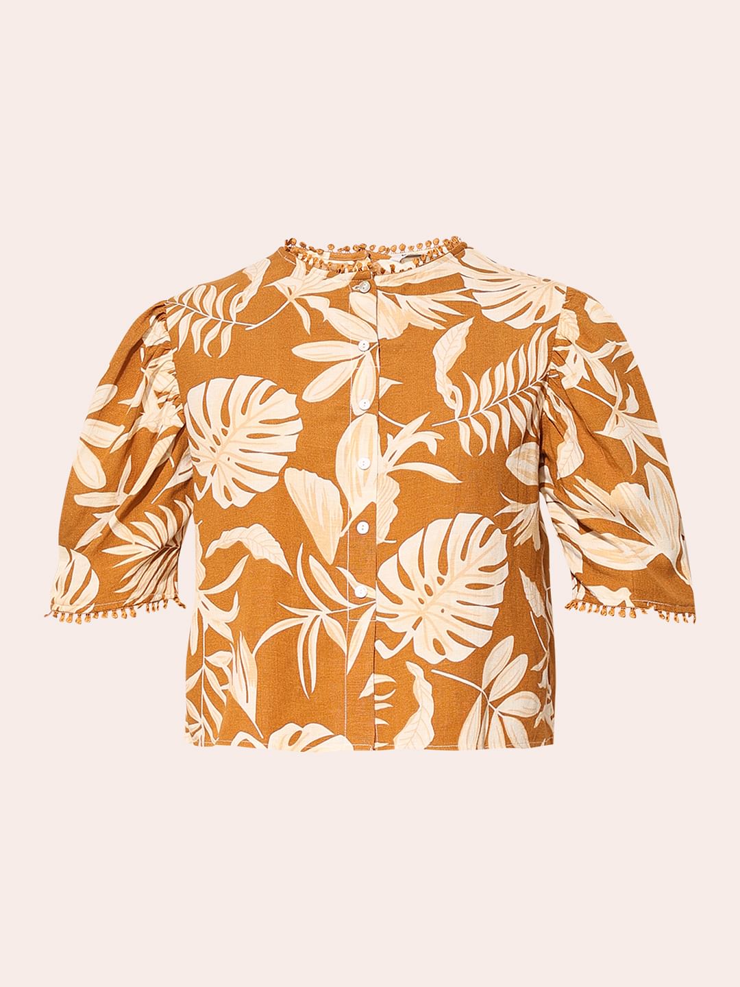 Brown Tropical Print Crop Top