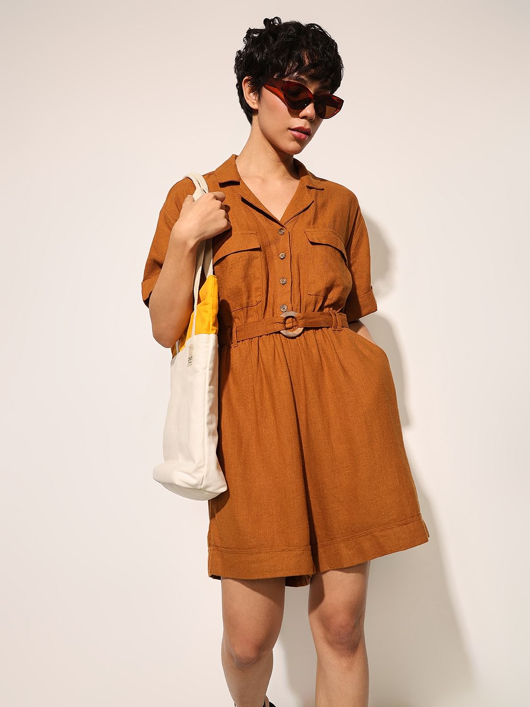 Brown Linen Blend Playsuit