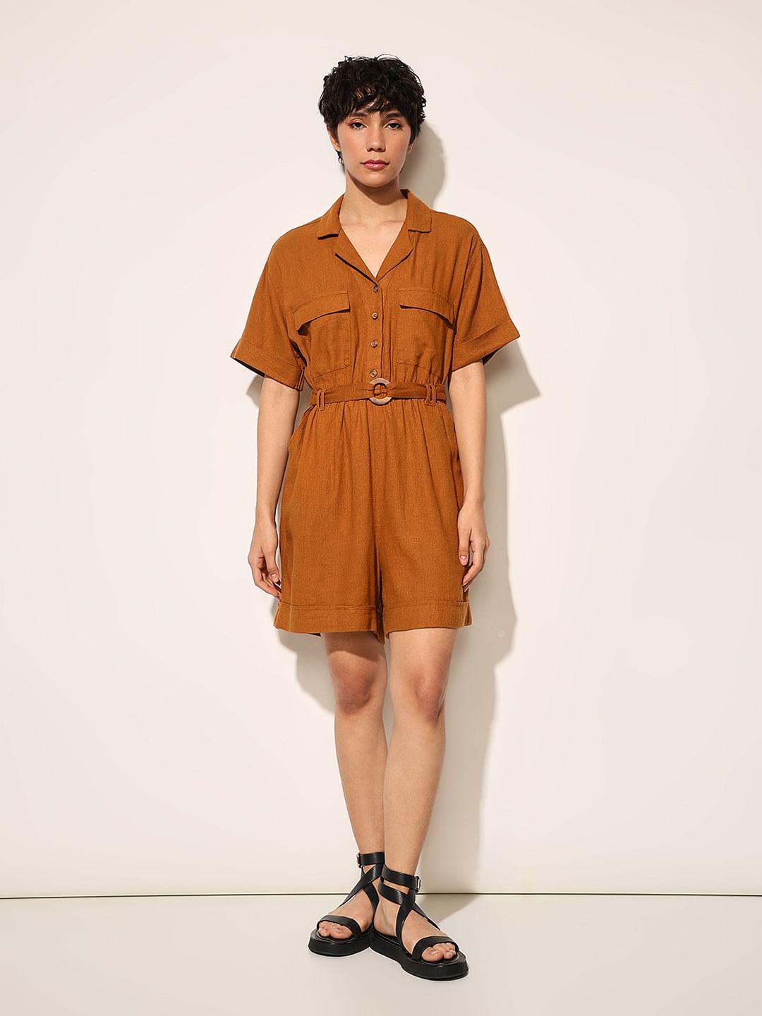 Brown Linen Blend Playsuit