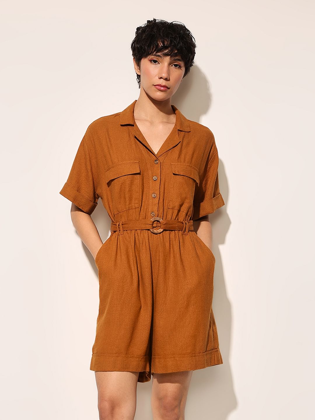 Brown Linen Blend Playsuit