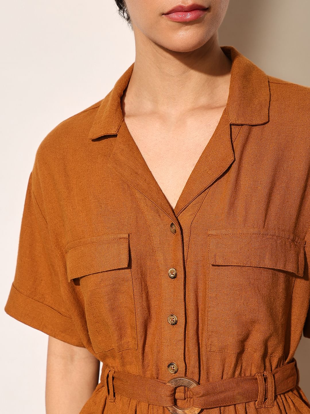 Brown Linen Blend Playsuit