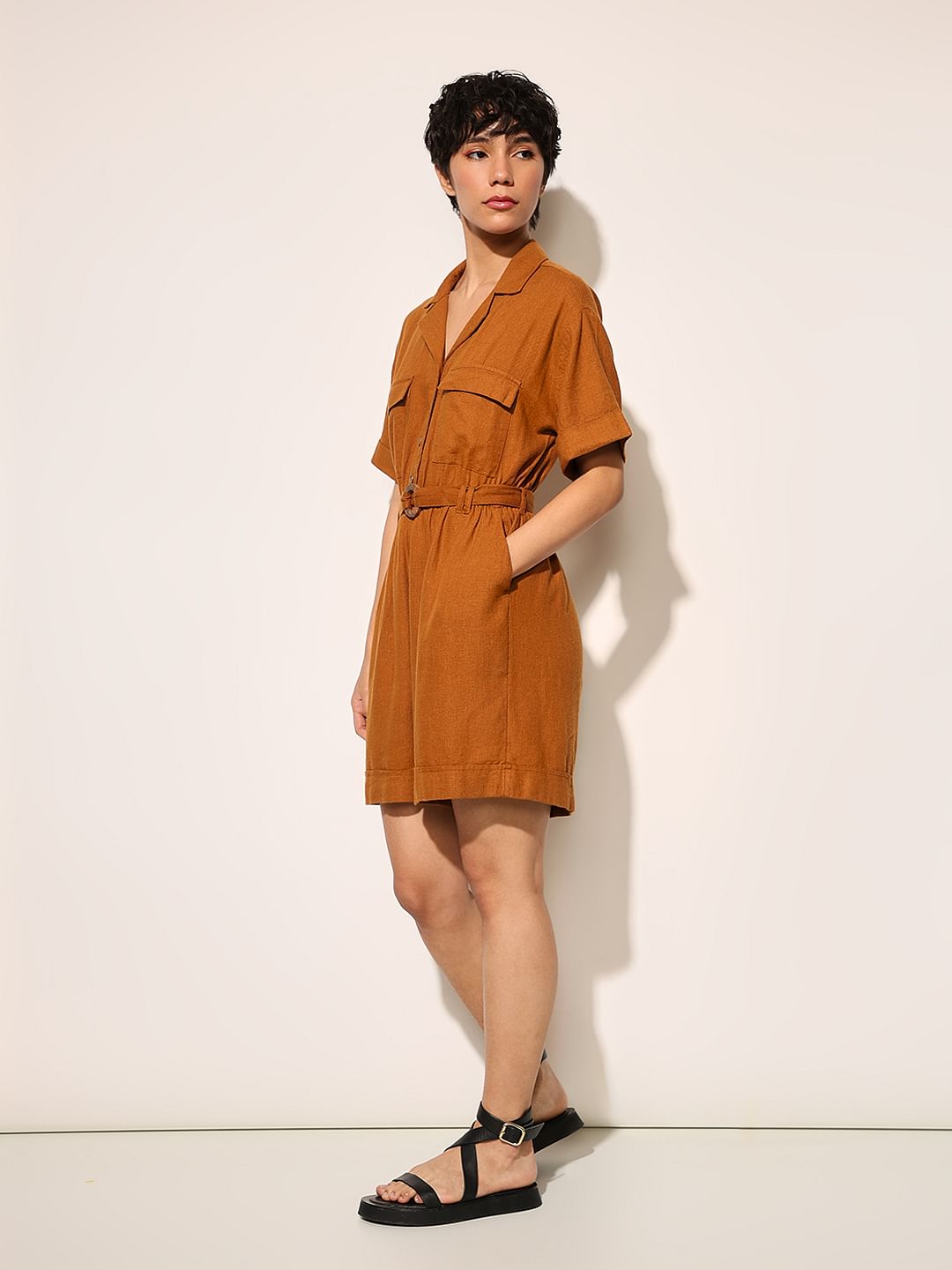 Brown Linen Blend Playsuit