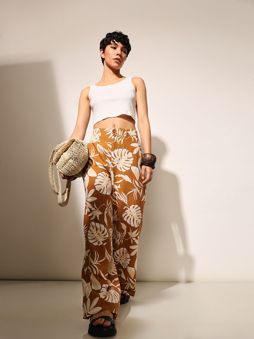 Brown Tropical Print Pants