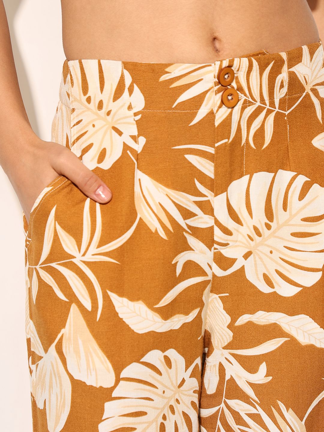 Brown Tropical Print Pants