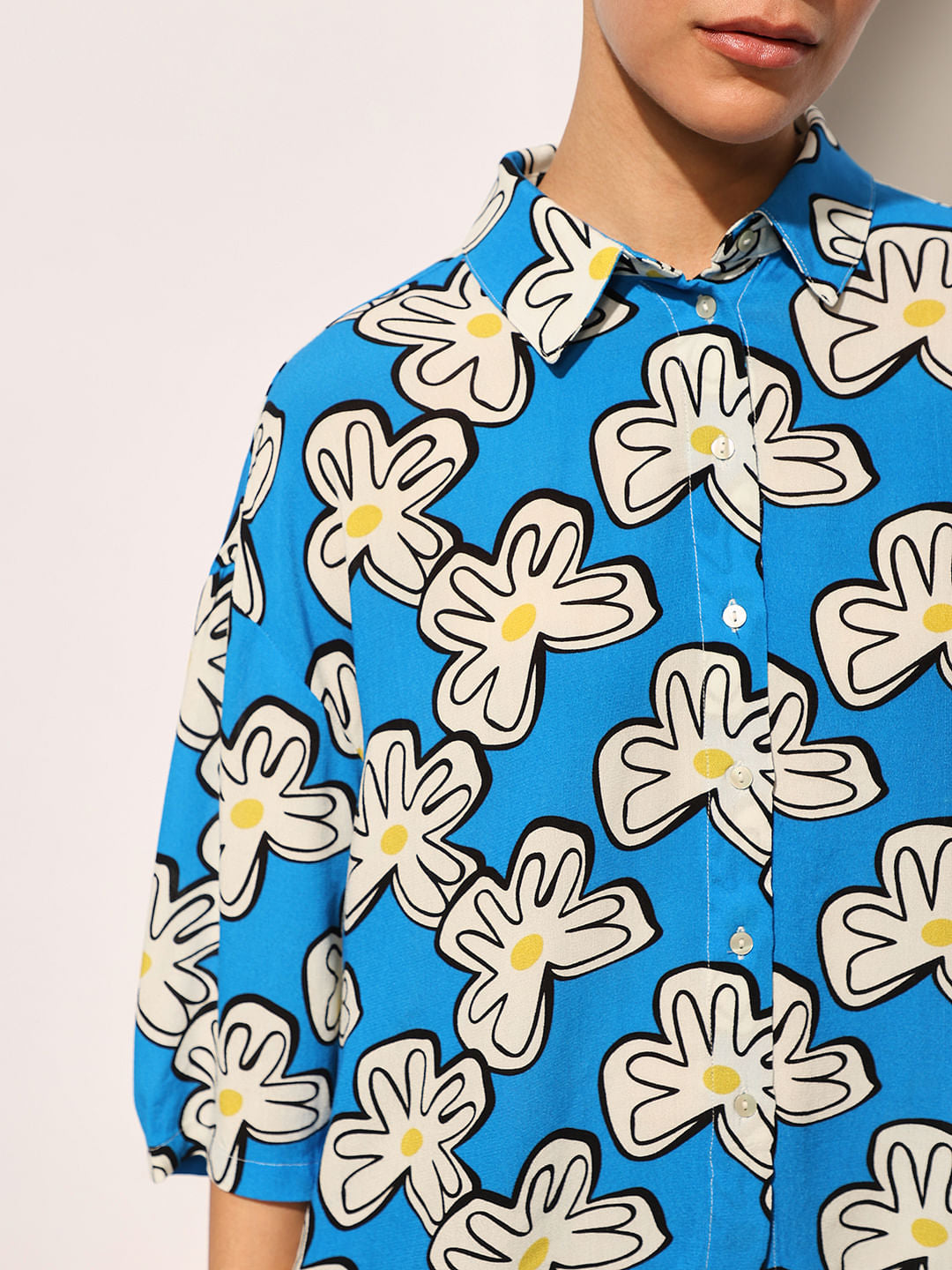 Blue Printed Oversized Viscose Shirt