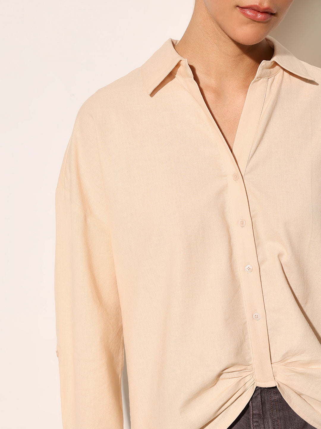 Beige Front Gathered Detail Shirt