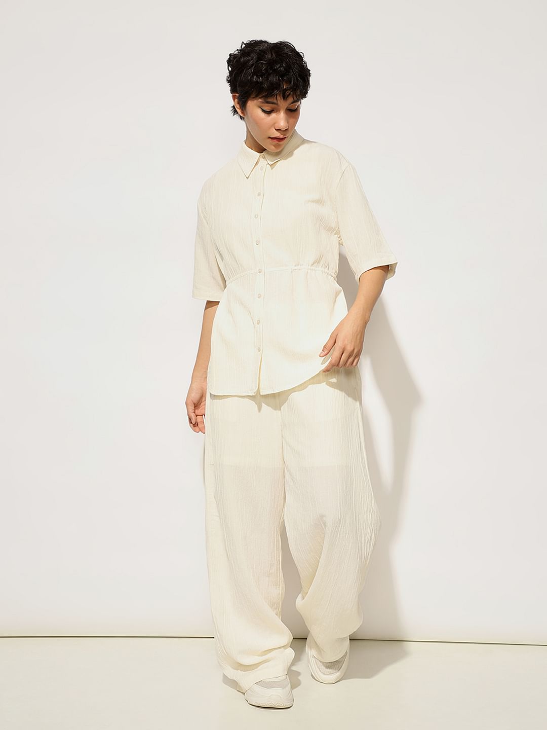 Cream Drawstring Cotton Co-Ord Set Shirt
