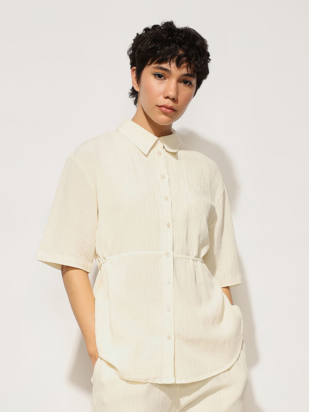 Cream Drawstring Cotton Co-Ord Set Shirt