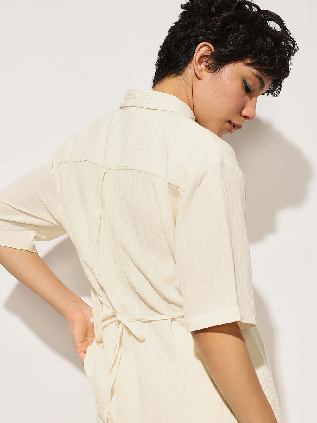 Cream Drawstring Cotton Co-Ord Set Shirt