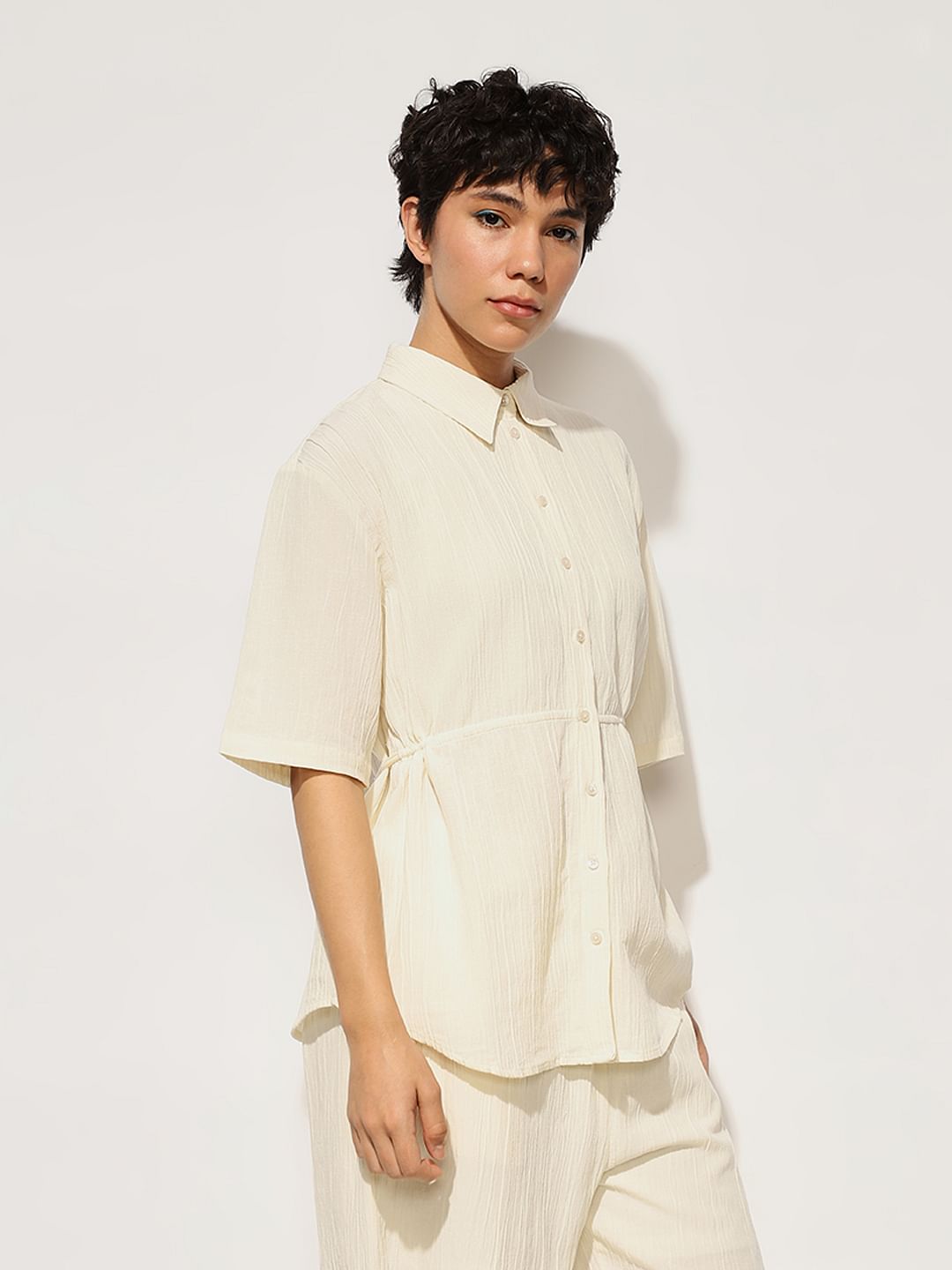 Cream Drawstring Cotton Co-Ord Set Shirt