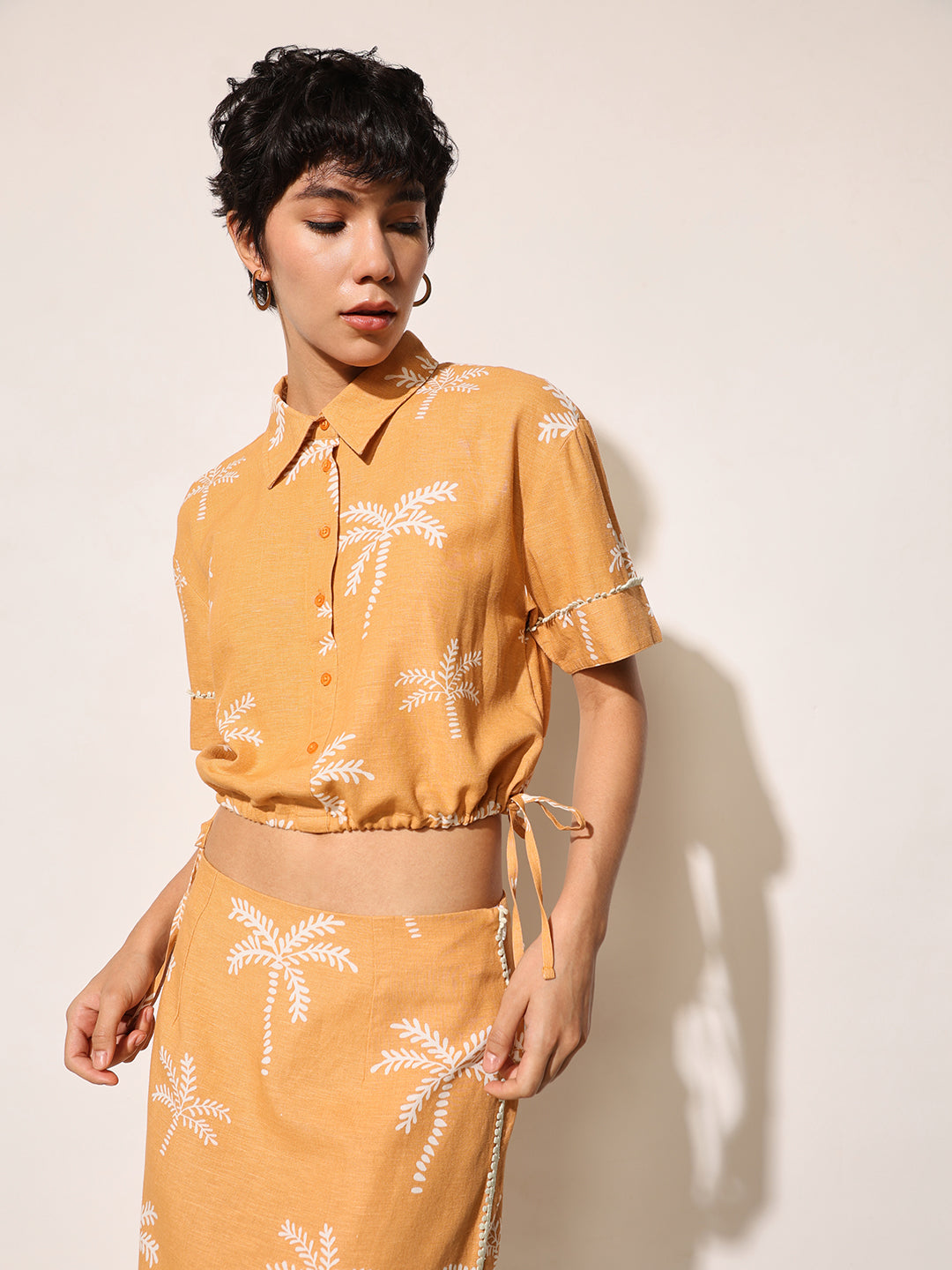 Orange Printed Shirt & Skirt Co-ord Set