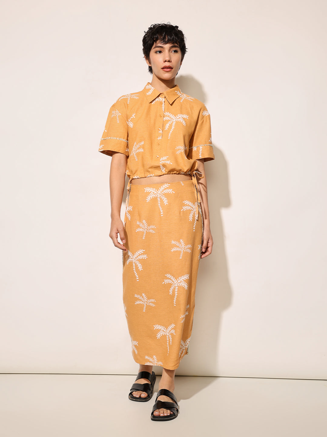 Orange Printed Shirt & Skirt Co-ord Set