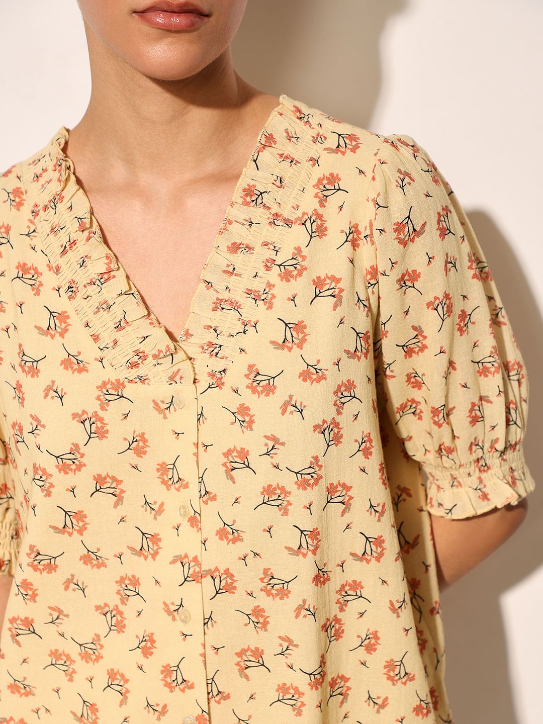 Yellow Printed Smocked Neck Top