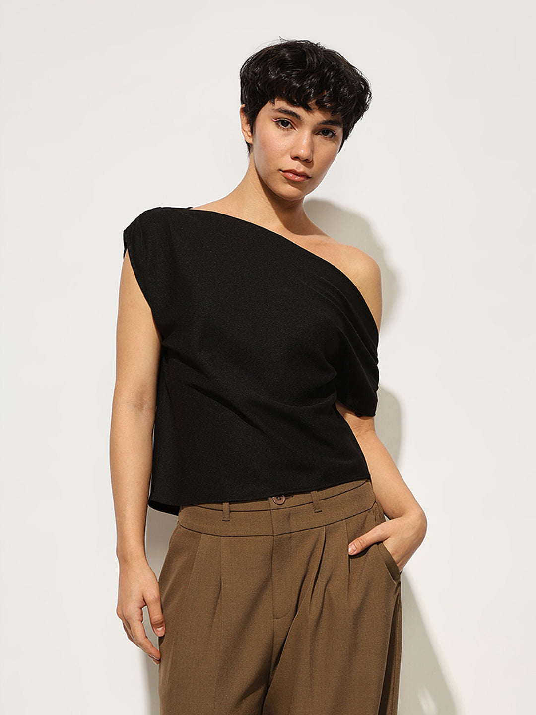 Black Draped One Shoulder Top