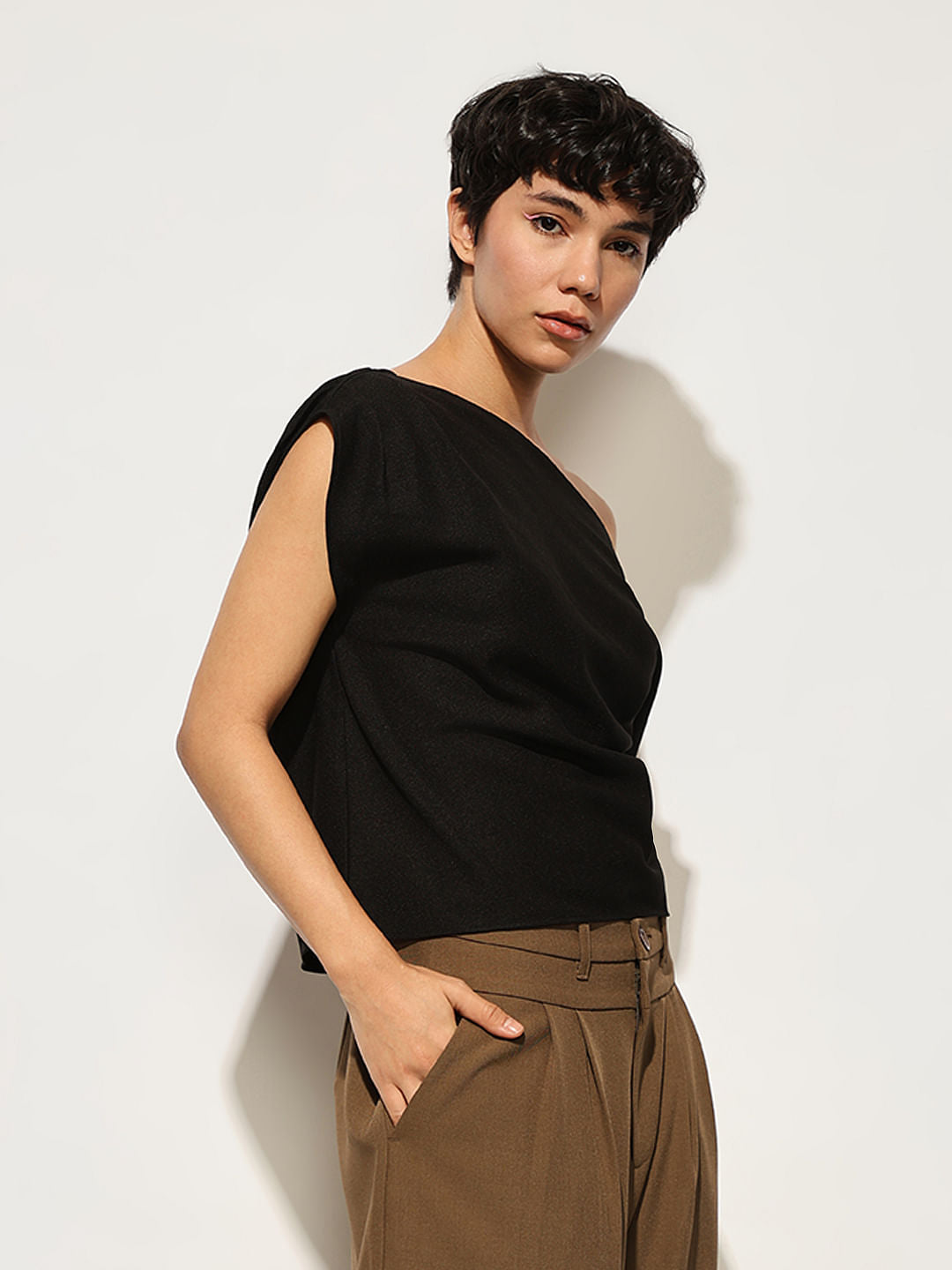 Black Draped One Shoulder Top