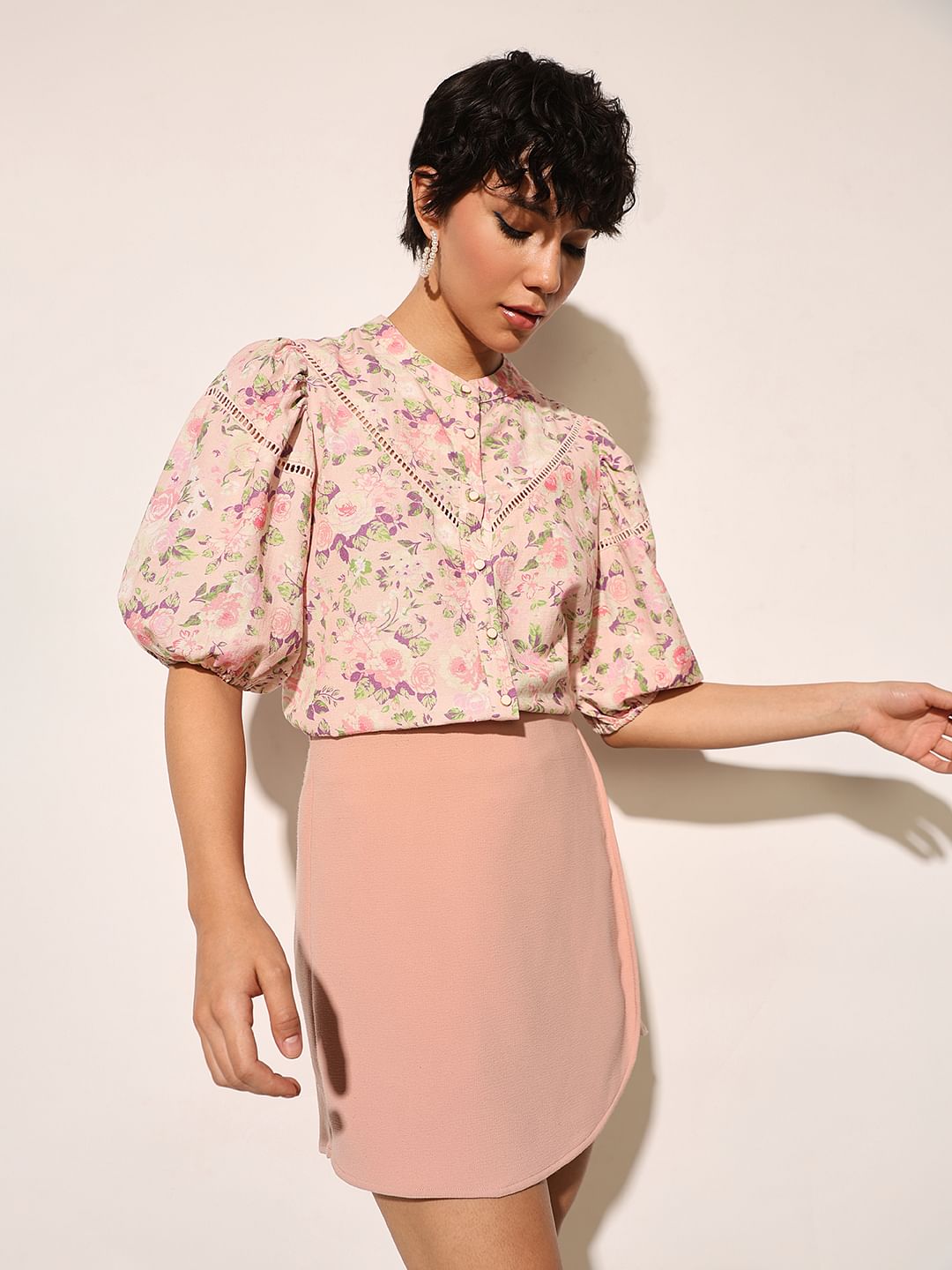 Pink Floral Puff Sleeves Top